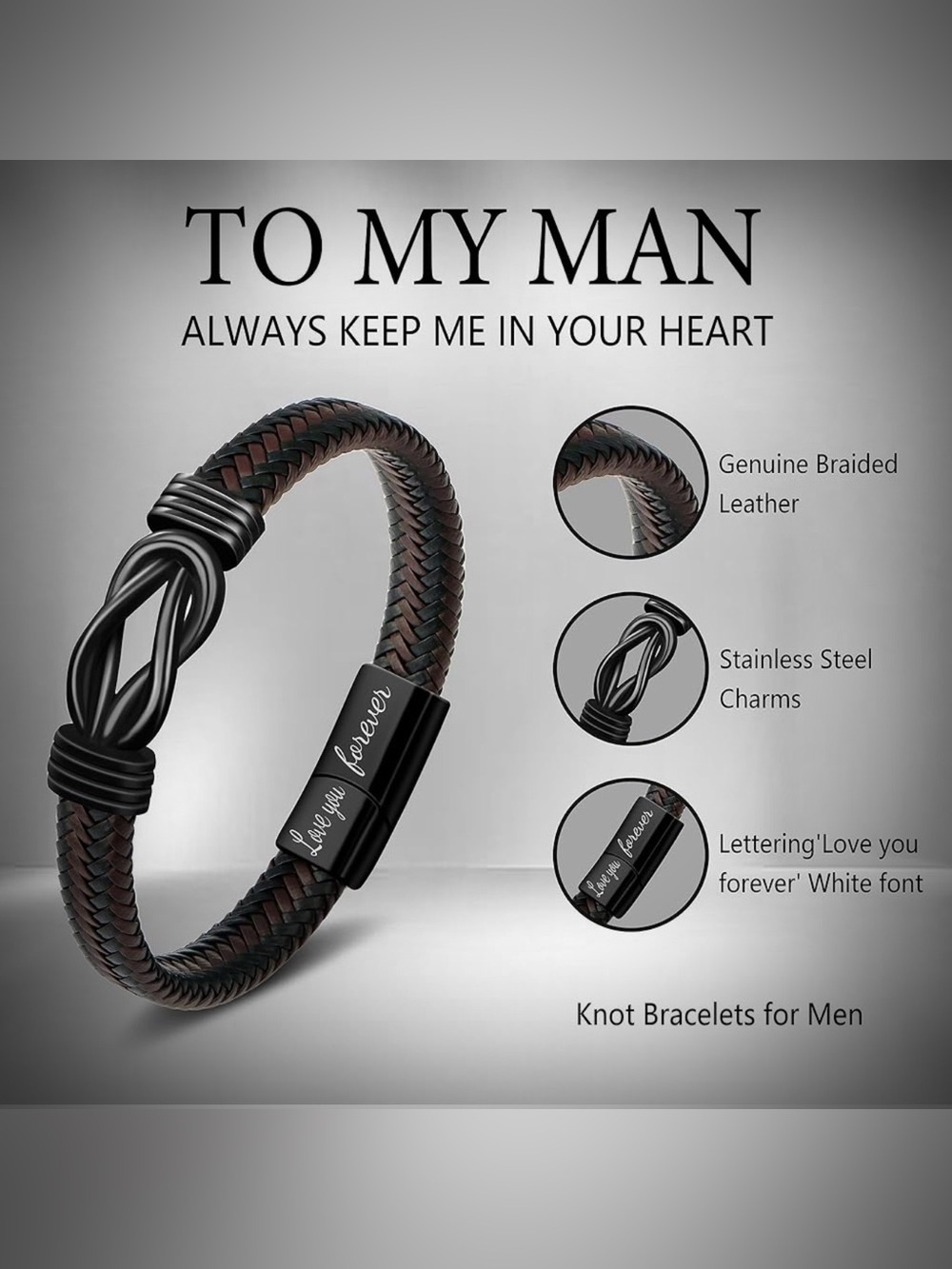 Braided Brown Leather & Stainless Steel Men's Bracelet NWOT - Picture 2 of 5